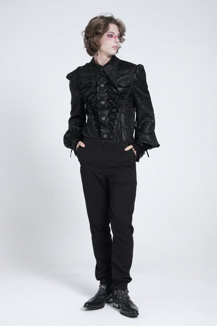 Schwarze lange Puffärmel Jacquard-Spitzen Herren Gothic Bluse 