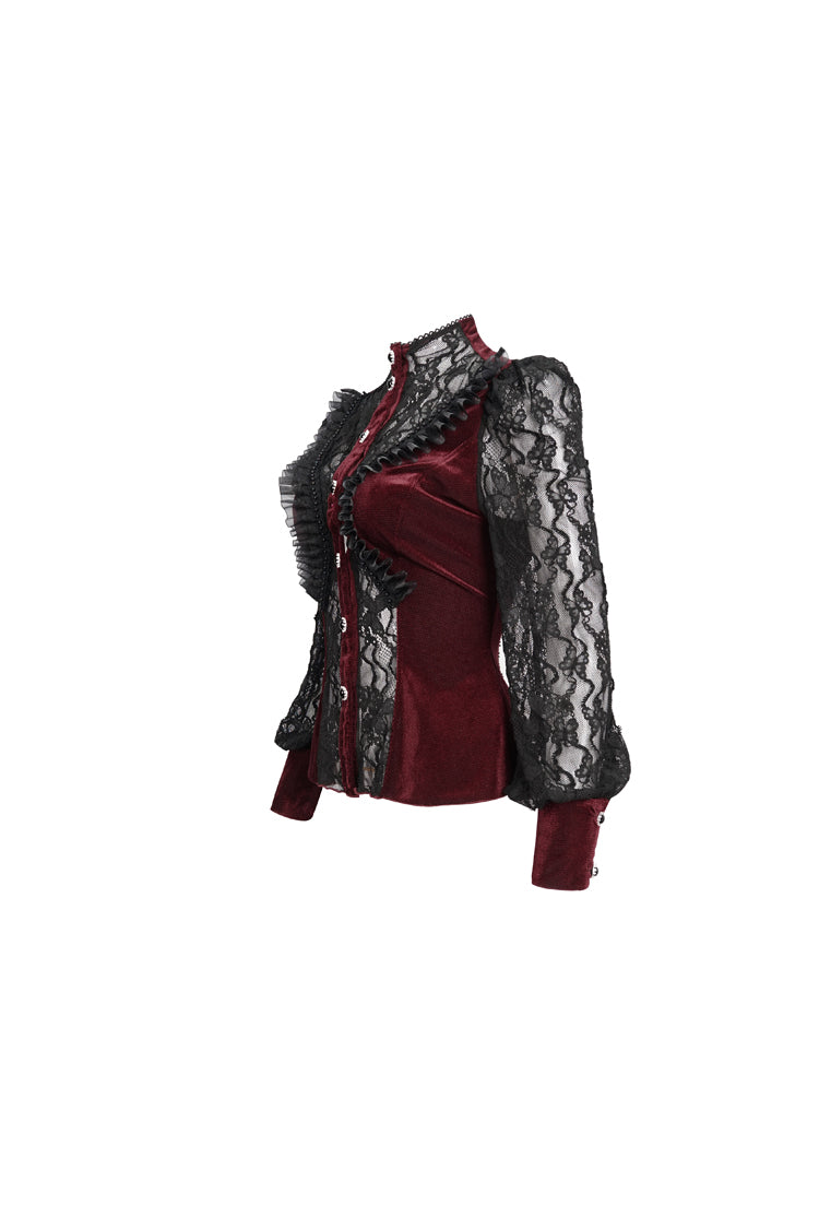 Roter Samt-Hochhals-Spitzen-Fake-BH-Design, das dreidimensionales Schmetterlingsnetz-Gothic-Shirt für Damen spleißt