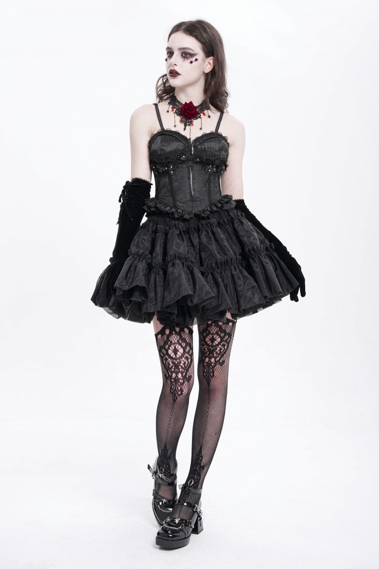 Black Sleeveless Ruffle Embroidery Lace-Up Women's Gothic Tank Top