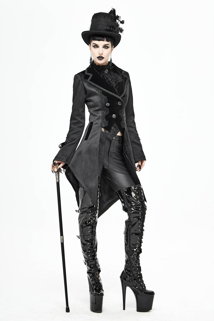 Black Front Decals Metal Button Lace-Up Cuff Dovetail Hem Striped Jacquard Women's Gothic Coat