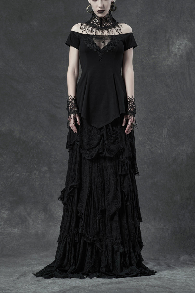 Black Short Sleeve Orizontal Neck Front Chest Lace Embroidery Frill Hem Women's Gothic T-Shirt