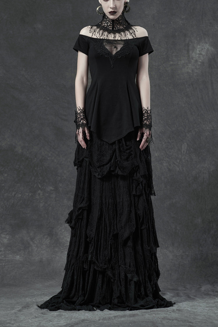 Schwarzes kurzärmliges, orizontales Halsteil, vordere Brustpartie, Spitzenstickerei, Rüschensaum, Gothic-T-Shirt für Damen