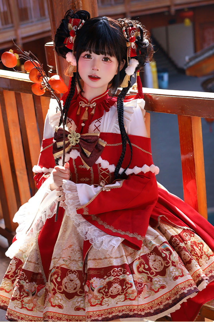 Red [New Year] Print Ruffle Bowknot Lace-Up Sweet Chinese Style Lolita Jsk Dress