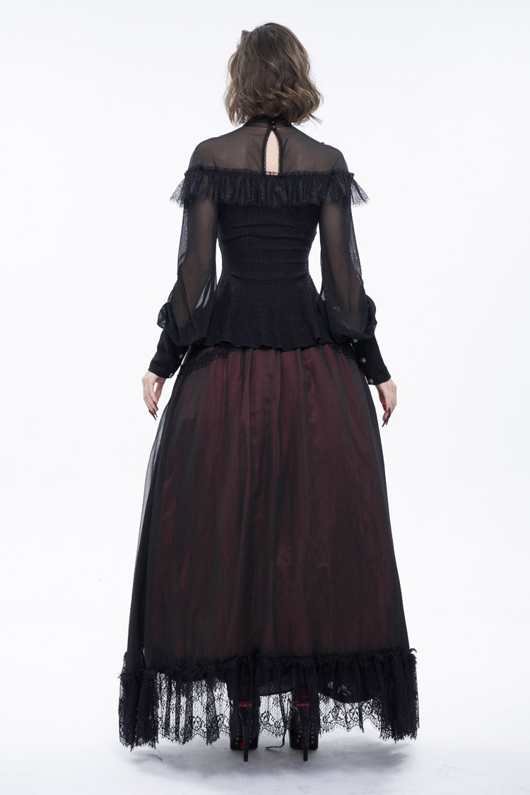 Schwarzes, sexy Rollkragen-Spitzen-Panel aus Netzstoff mit Laternenärmeln im Retro-Look für Damen im Gothic-Stil