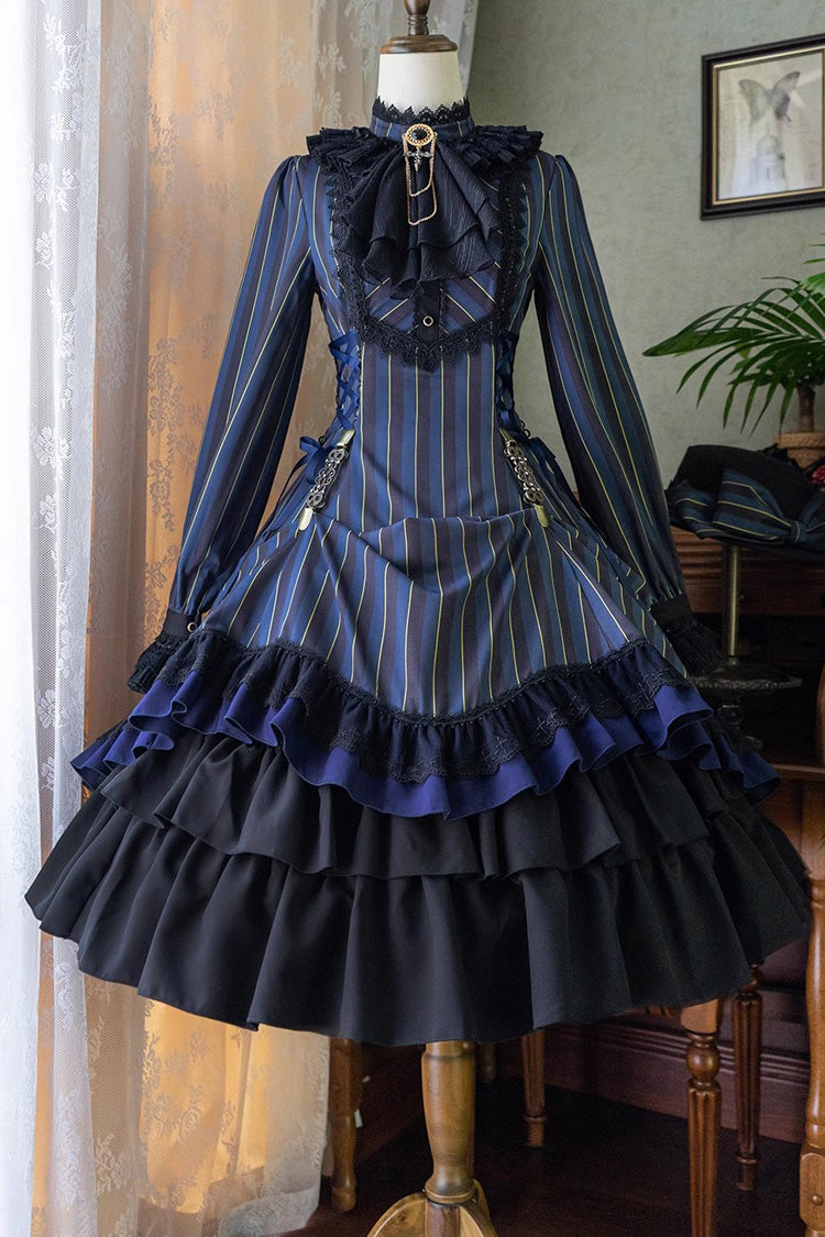 Point Manor Stand Collar Long Sleeves Multi-layer Striped Print Ruffle Gothic Lolita Dress 4 Colors