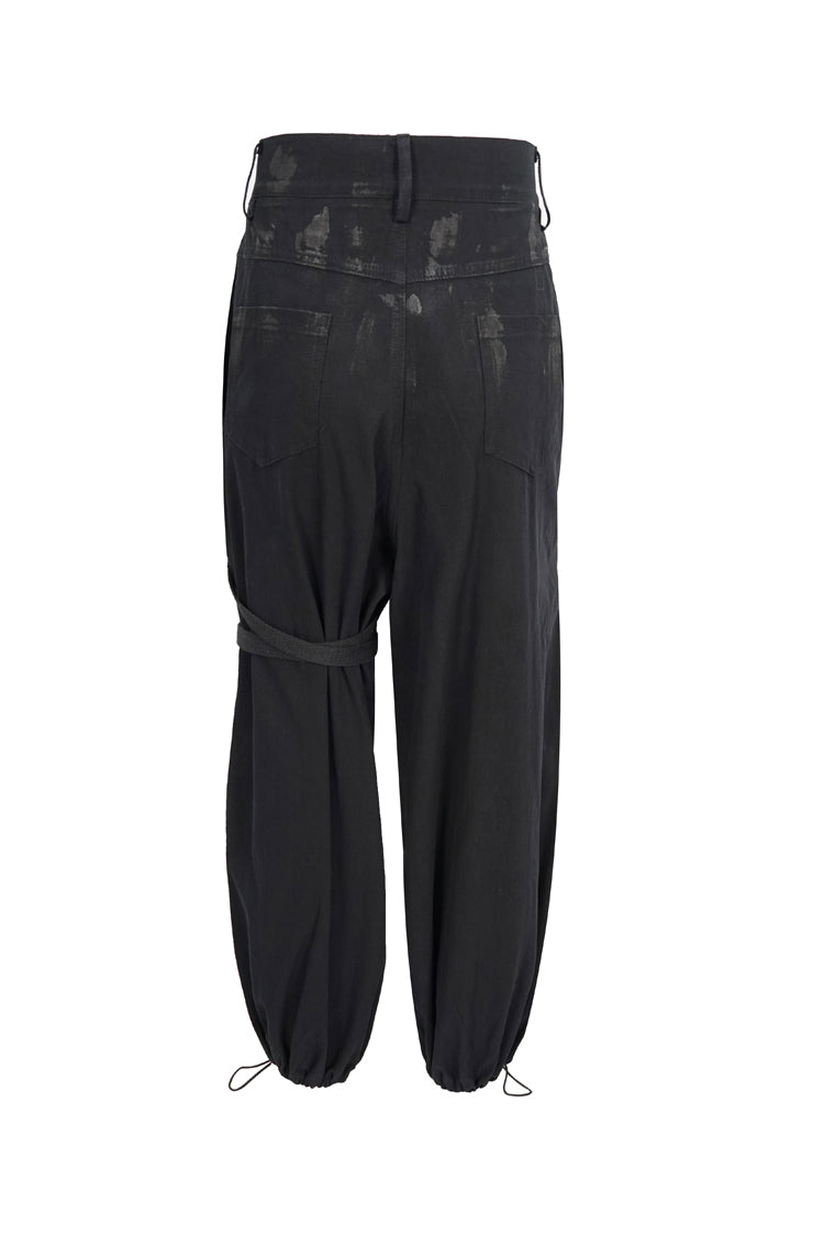 Black Irregular Print Single Side Frenulum Ring Legs Drawstring Closing Women's Punk Pants