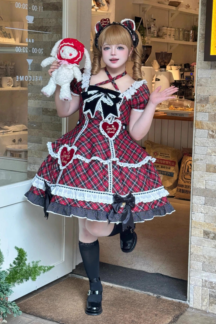 Red [Shibuya Sweetheart] Short Sleeves Plaid Print Ruffle Bowknot Sweet Lolita OP Dress (Plus Size Support)