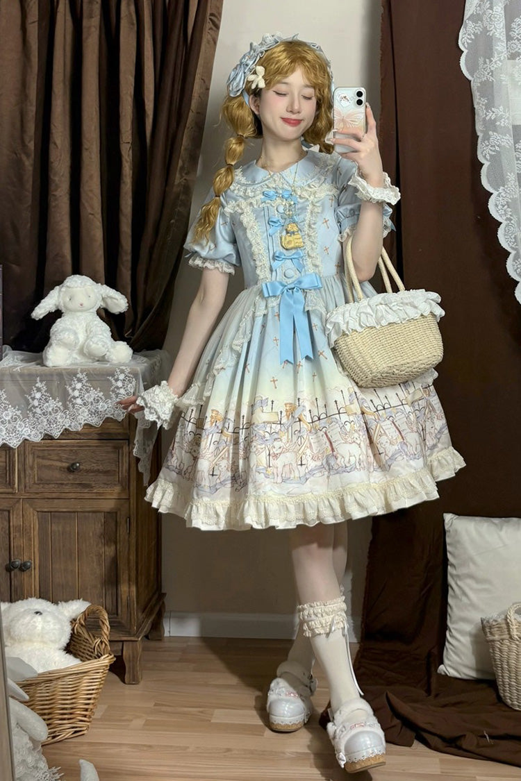 Blue [Angel Lamb] Lapel Collar Short Sleeves Printed Ruffled Bow Sweet Lolita Dress