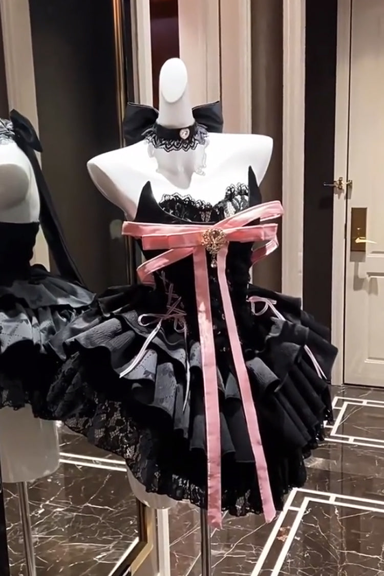 Black [Kitten Sweetheart] Multi-Layered Ruffled Bow Lace-Up Princess Ballet Gothic Lolita Jsk Dress