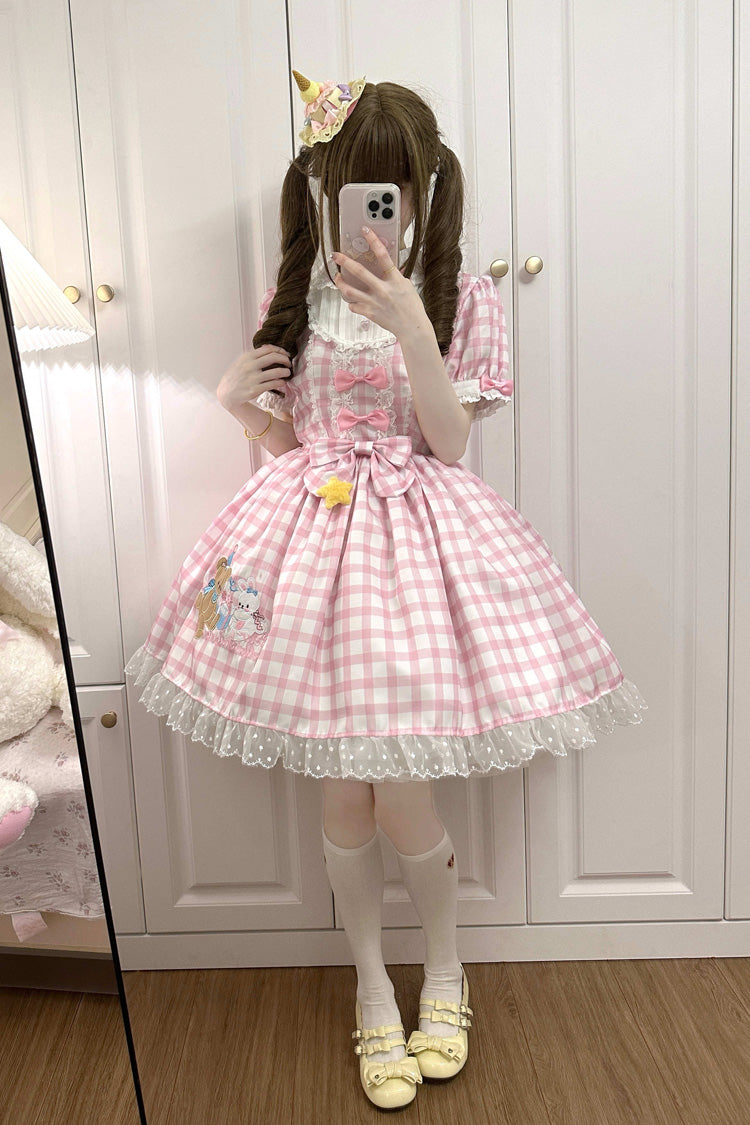 Pink Rabbit & Bear Plaid Print Short Sleeves Ruffle Embroidery Bowknot Lace Sweet Lolita Dress