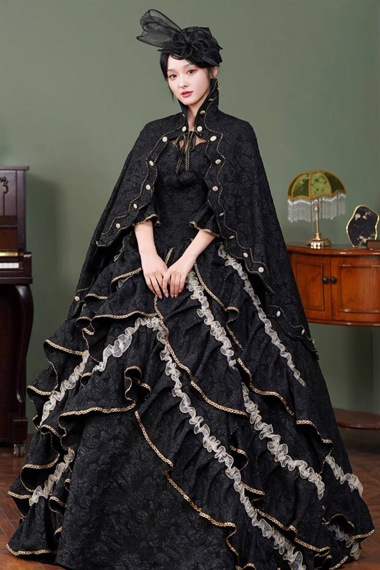 Black Square Collar Half Trumpet Sleeves Ruffled Open-Front Lace Gothic Vintage Palace Lolita Victorian Dress