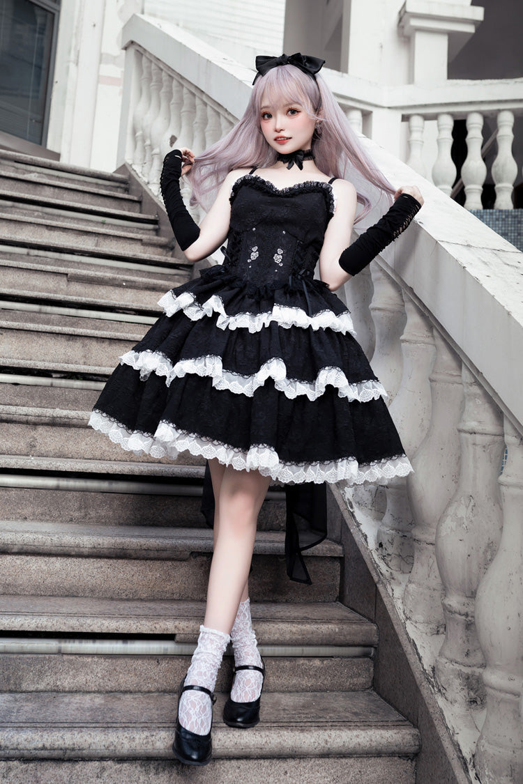 Black Triple-Layered Ruffle Embroidery Bowknot Gothic Lolita Jsk Dress