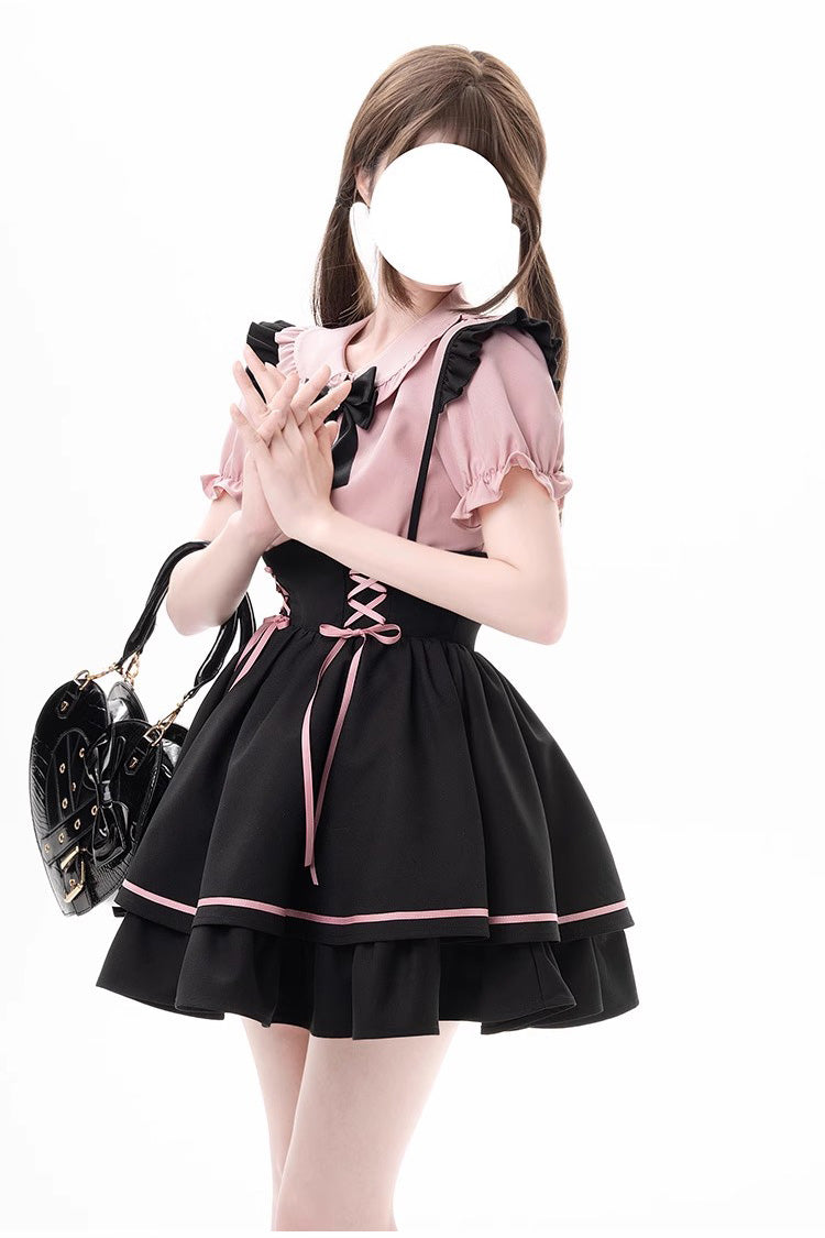 Noir/Rose Premier Sakura Manches Courtes Multi-couches Lacets Doux Jirai Kei Ensemble Japonais 