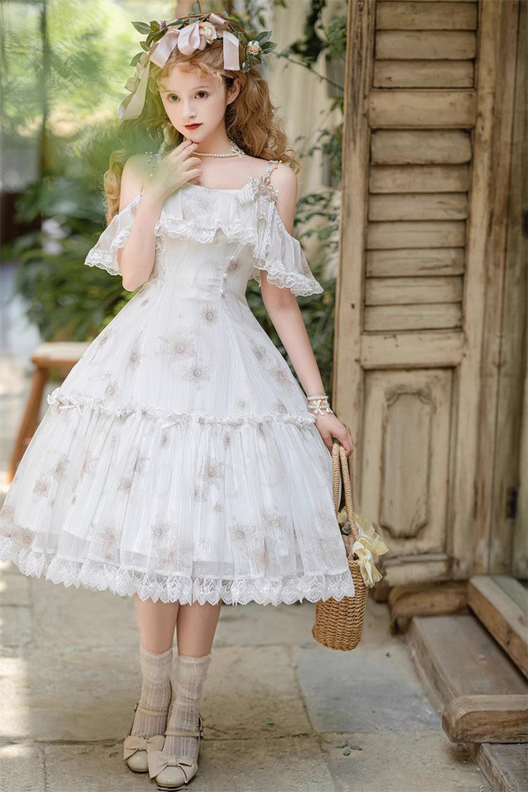 White Sunflower Dance Print Sweet Elegant Princess Lolita Jsk Dress