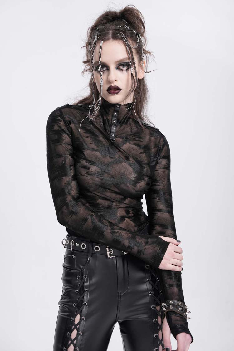Black Stand Collar Sheer Studded Women's Punk Blouse