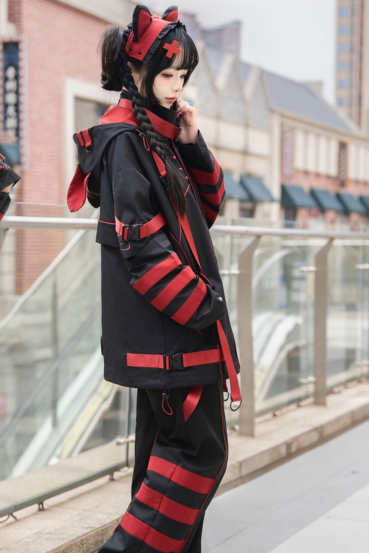 Black/Red Long Sleeves Print Cat Ears Hooded Jirai Kei Handsome Coat