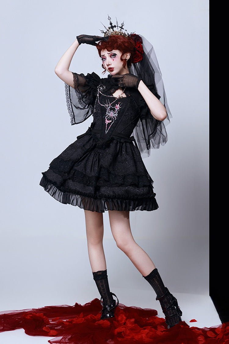 Black Sleeveless Spider Embroidery Bowknot Lace Gothic Princess Lolita Skirt Two-piece Set