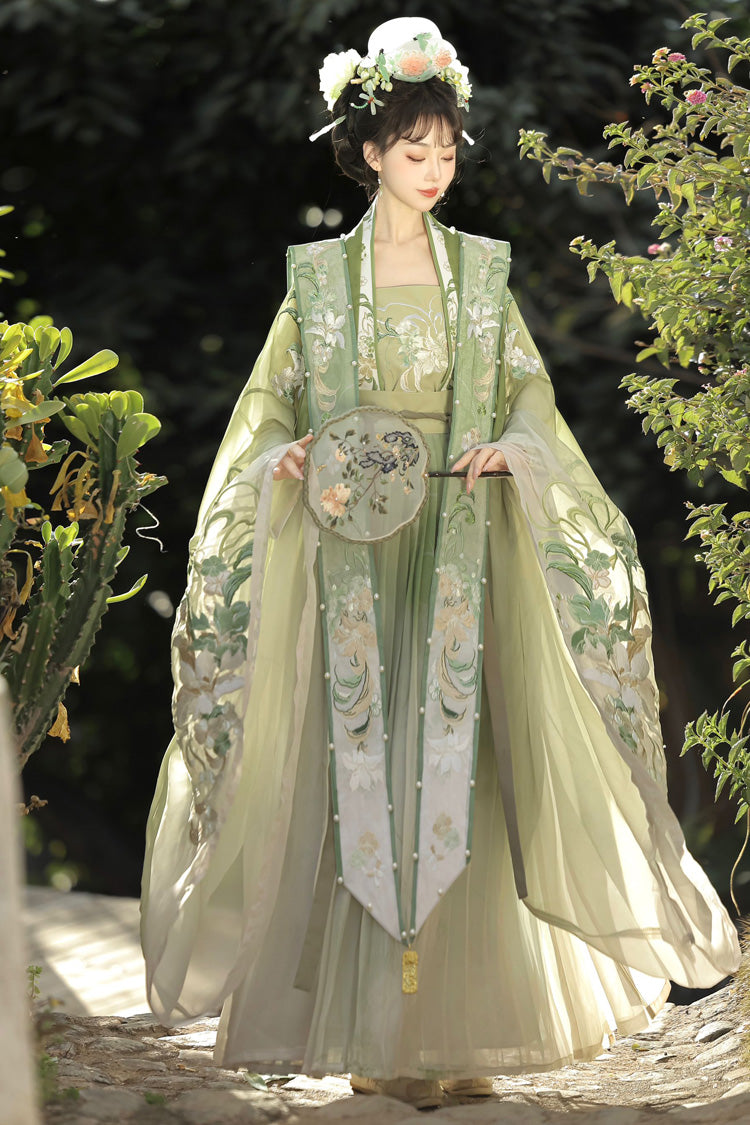 Green [Silent Spring Mountains] Song Dynasty Ruffle Elaborate Embroidery Sweet Chinese Style Hanfu Dress Full Set