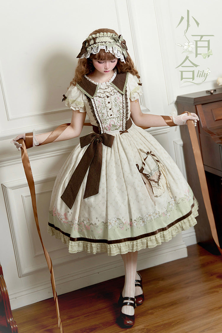 Robe Lolita Douce Élégante Verte/Ivoire [Lily] à Manches Courtes avec Imprimé, Volants, Broderie, Nœud Papillon et Dentelle 