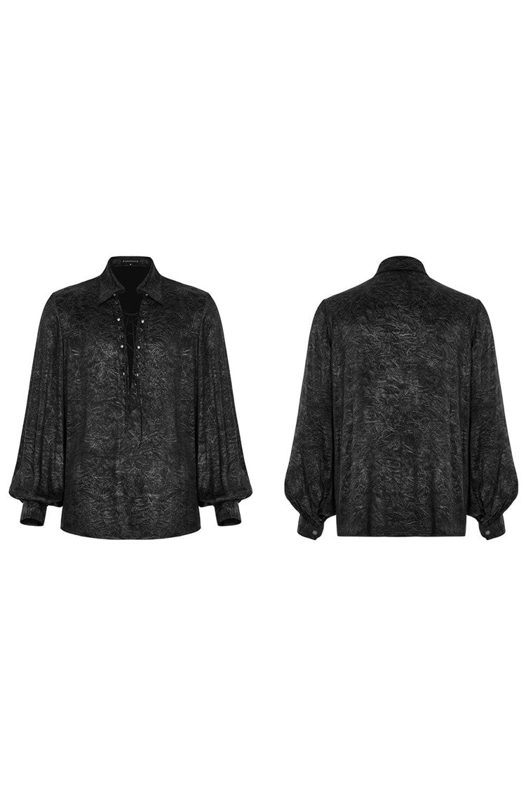Black/Silver Stand Collar Long Puff Sleeves Print Lace-Up Metal Decoration Mens Gothic Blouse