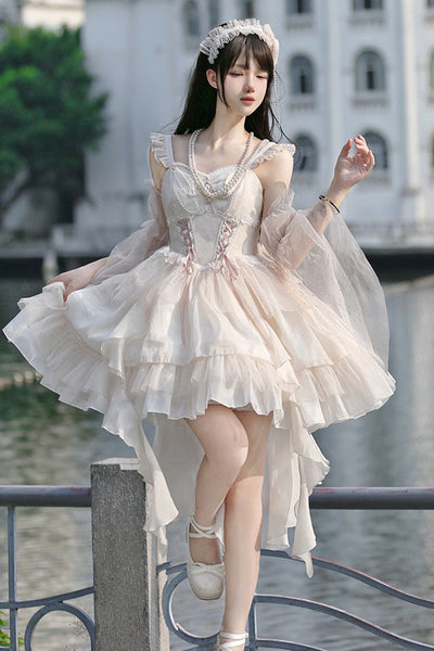 Apricot Song of Floral Letters Sleeveless Triple-Layered Bowknot Lace-Up Sweet Lolita Jsk Dress main image 1