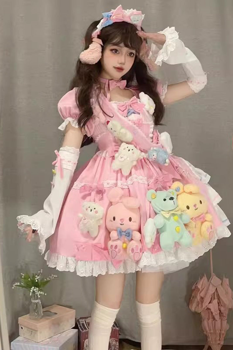 Pink Square Collar Print Doll Party Detachable Sleeves Ruffle Bowknot Sweet Princess Lolita Dress