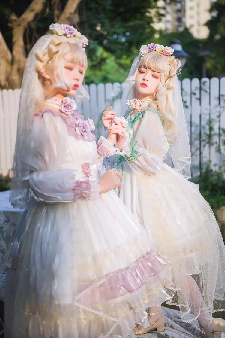 Green [Spring of Boliya] Long Sleeves Multi-Layered Ruffle Bowknot Lace Lace-Up Sweet Princess Lolita Dress