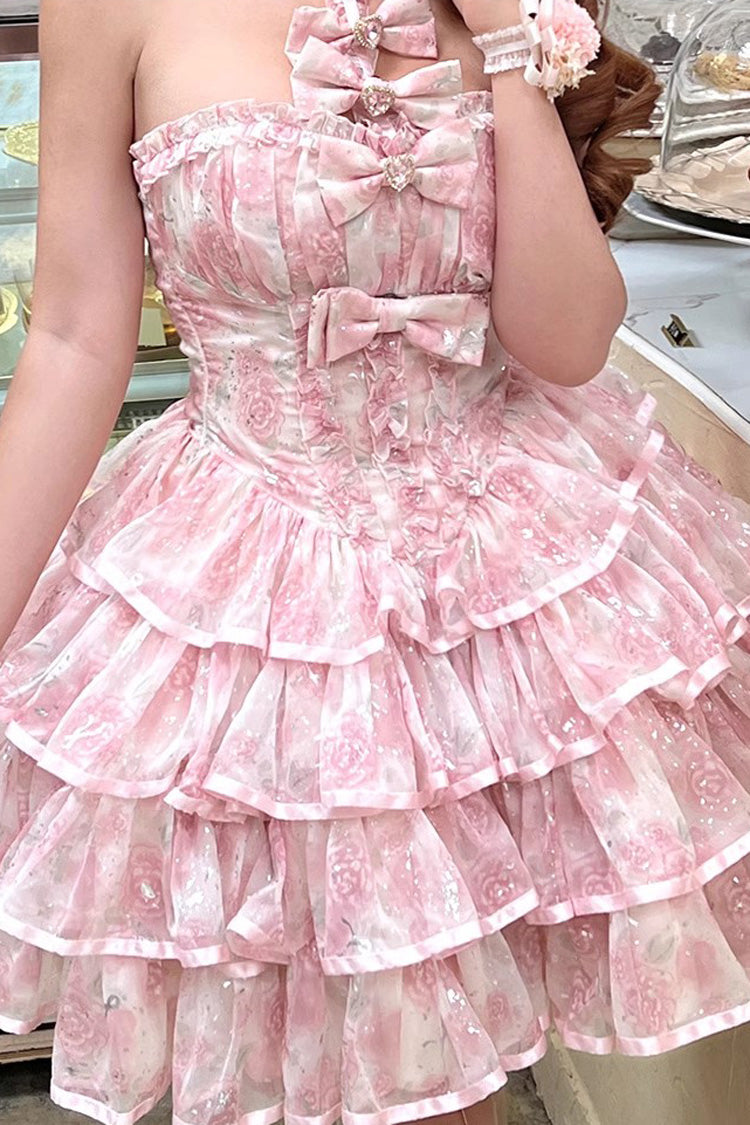 Pink [Broken Silver Rose] Halterneck Sleeveless Multi-Layered Ruffle Bowknot Sweet Princess Lolita Tiered Dress