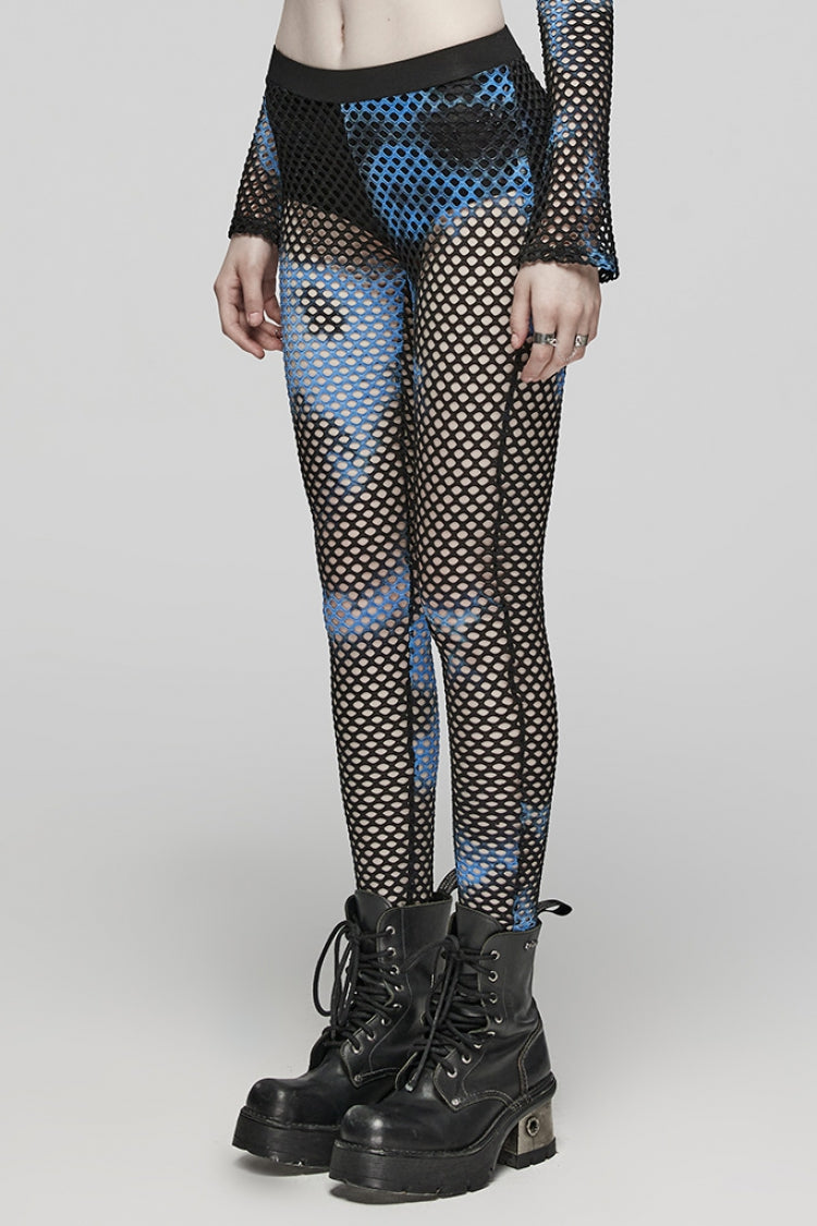 Tie-dyed Print Stitching Sheer Mesh Women's Steampunk Leggings 3 Colors