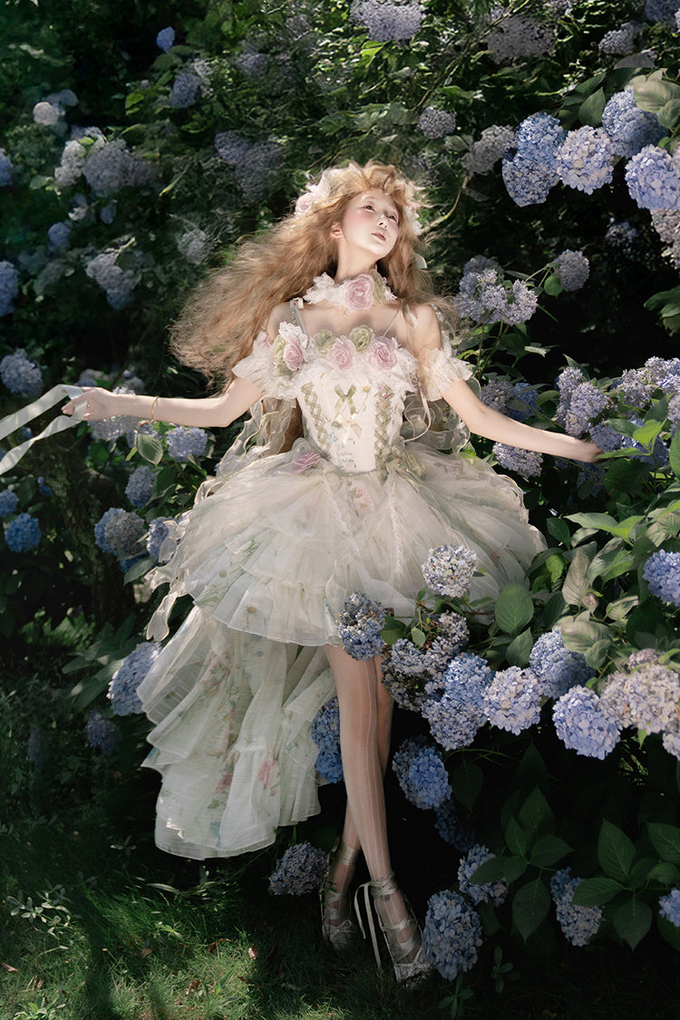 Green [Spring Rose] Sleeveless Multi-Layered Bowknot Lace-Up Fishbone Sweet Lolita Jsk Dress