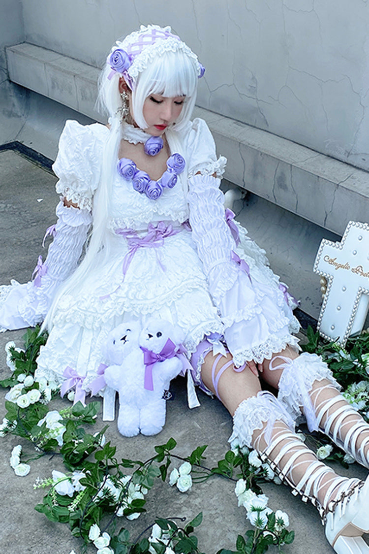 White/Purple Puff Short Sleeves Princess Gothic Lolita Tiered Dress