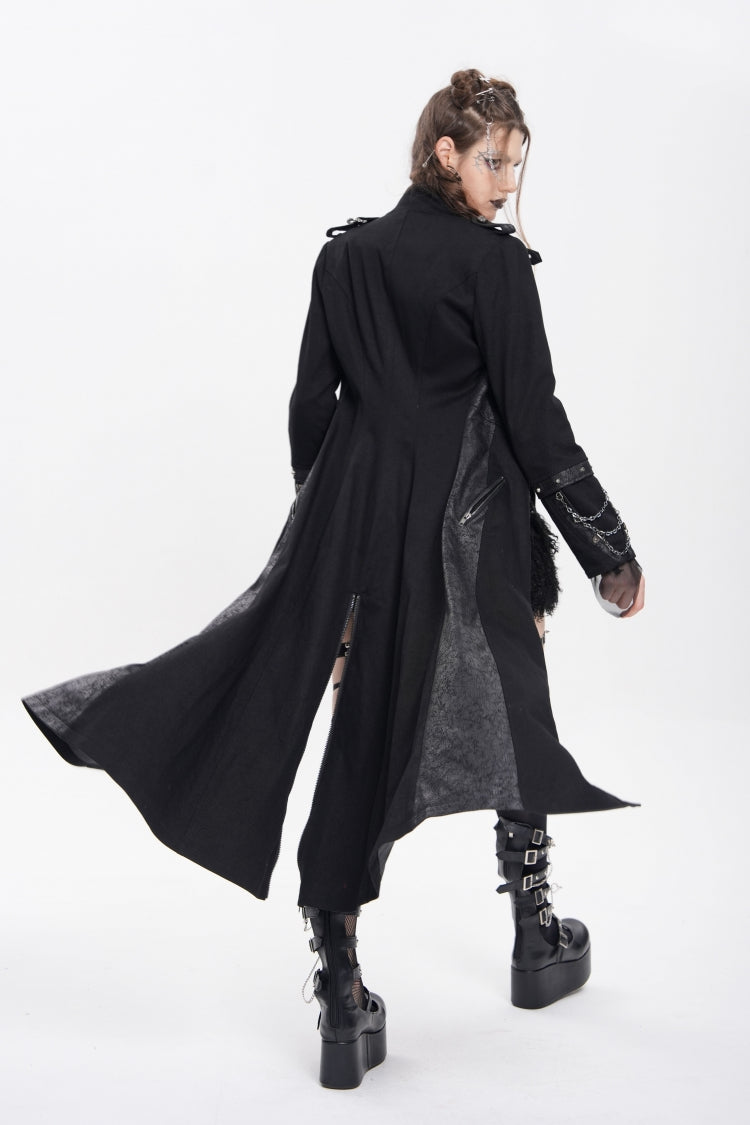 Black Stand Collar Long Sleeves Buckle Chain Women's Punk Jacket