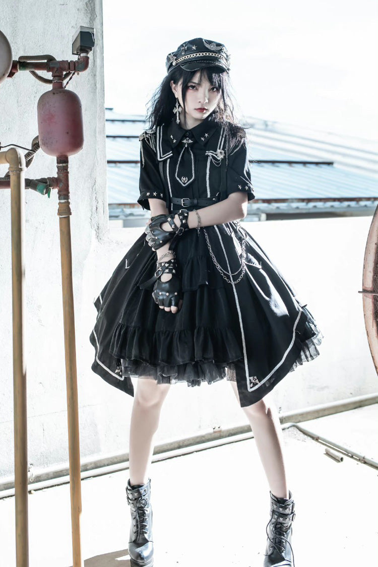 Schwarzer [Sunset Universe] Kurzarm-Cardigan Spitze Gothic Militärischer Schicker Lolita-Kleid Komplettset 