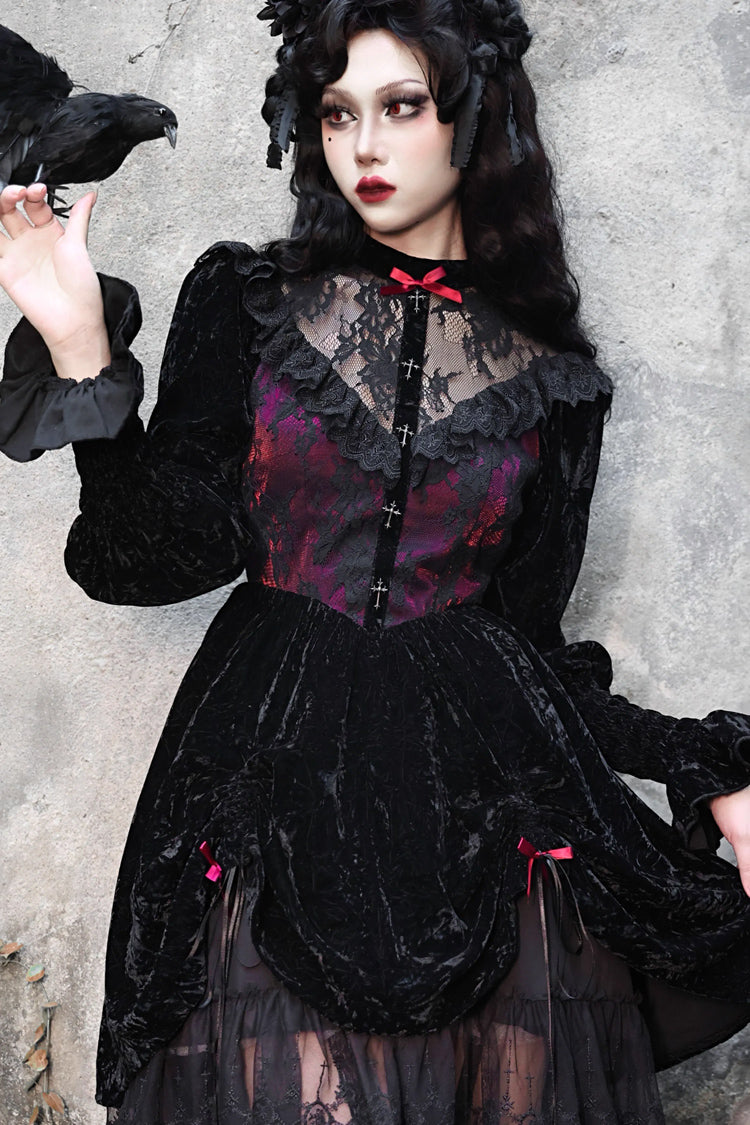 Black/Red [Rose Cemetery] Long Puff Sleeves Hollow Lace Gothic Lolita Dress