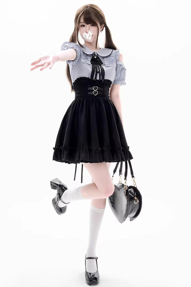 Black/Blue Short Sleeves Ruffle Off Shoulder Sweet Lolita Skirt Set