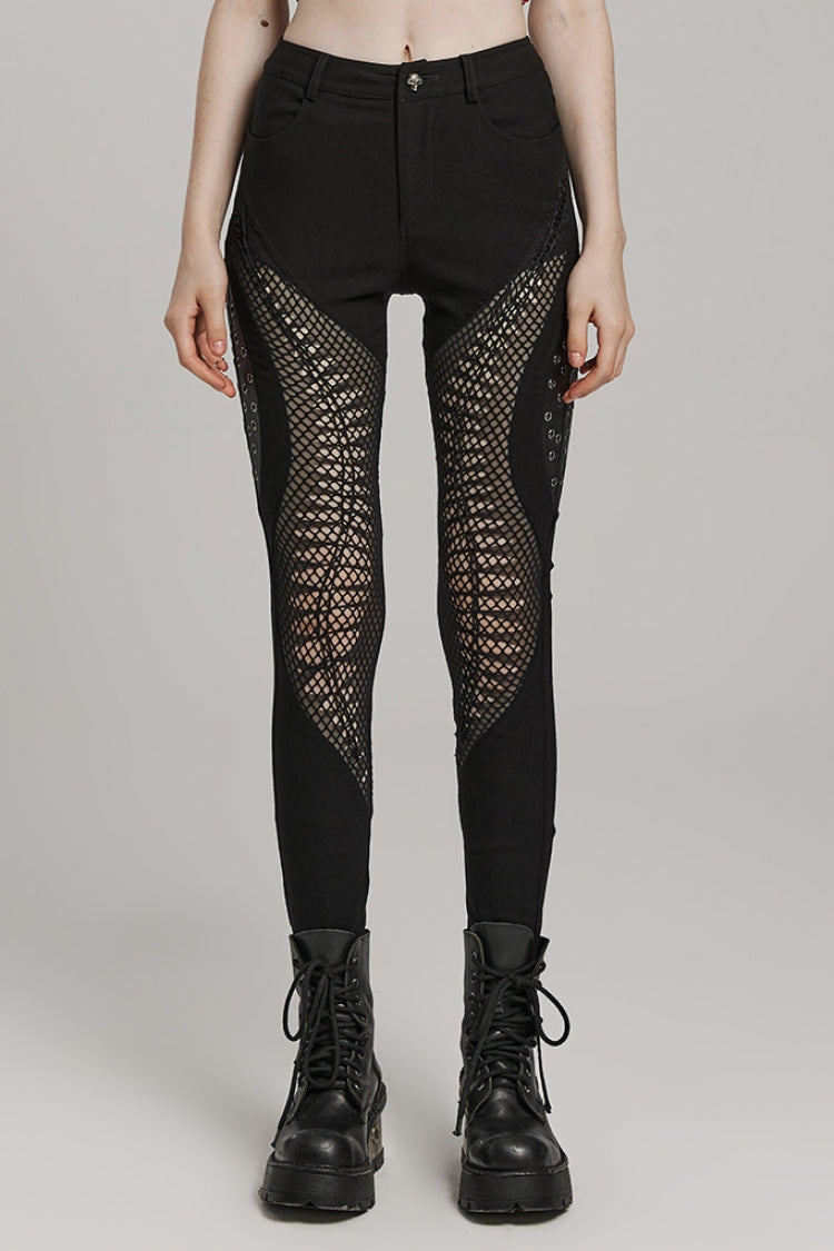 Black Hollow Stitching Irregular Mesh Women's Steampunk Pants