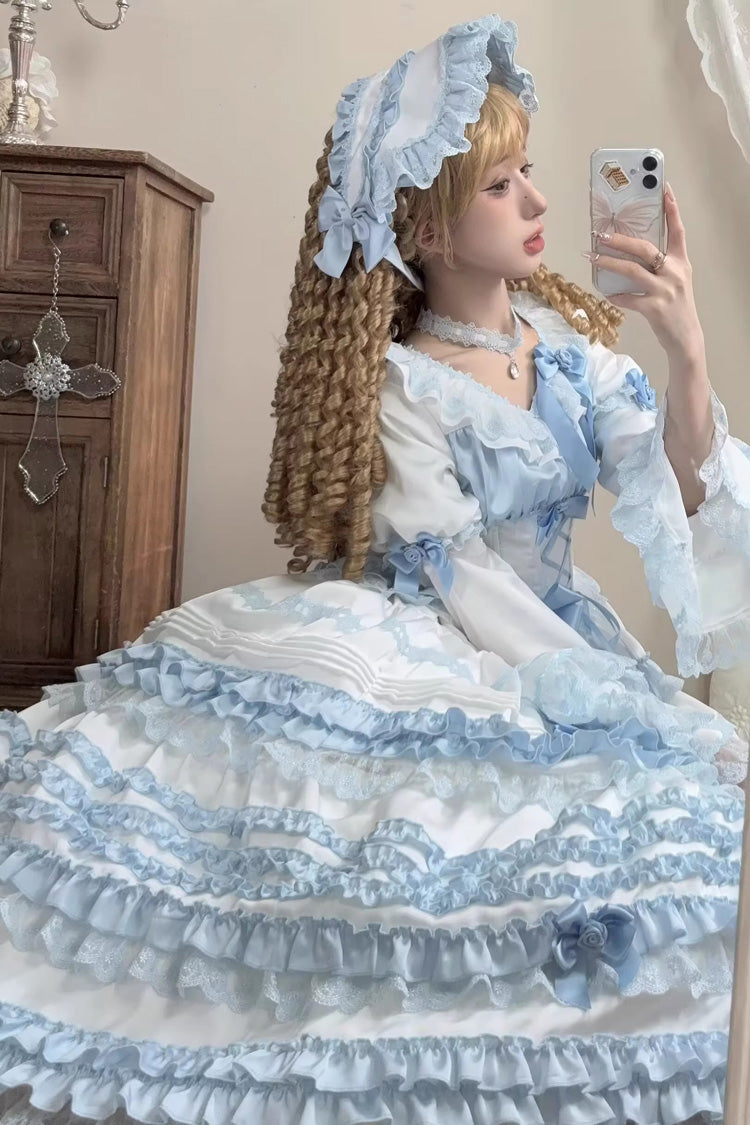 Robe Sweet Lolita à manches courtes avec nœud en dentelle et volants, couleur blanc/bleu [glace au sel de mer en couches] 
