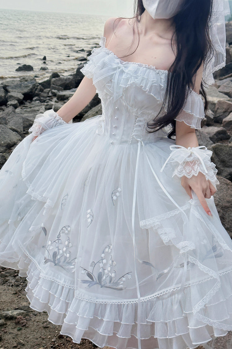 White [Love Is Coming] Multi-layer Ruffle Embroidery Bowknot Sweet Princess Lolita Jsk Dress