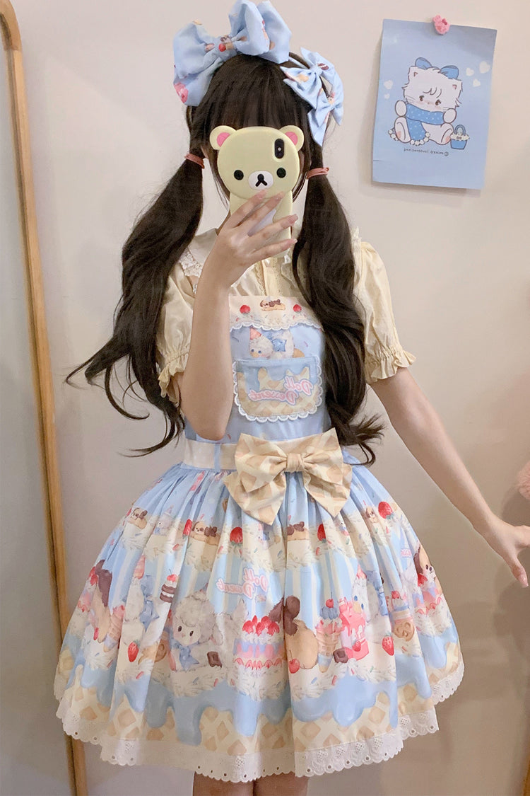 Cream Party Print Bowknot Stitching Lace Sweet Lolita Jsk Dress 3 Colors