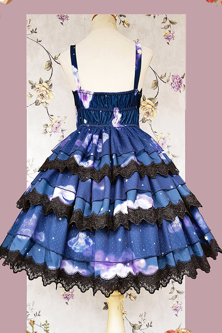 Blue Triple-Layered Clouds Print Ruffle Stitching Lace Sweet Lolita Dress