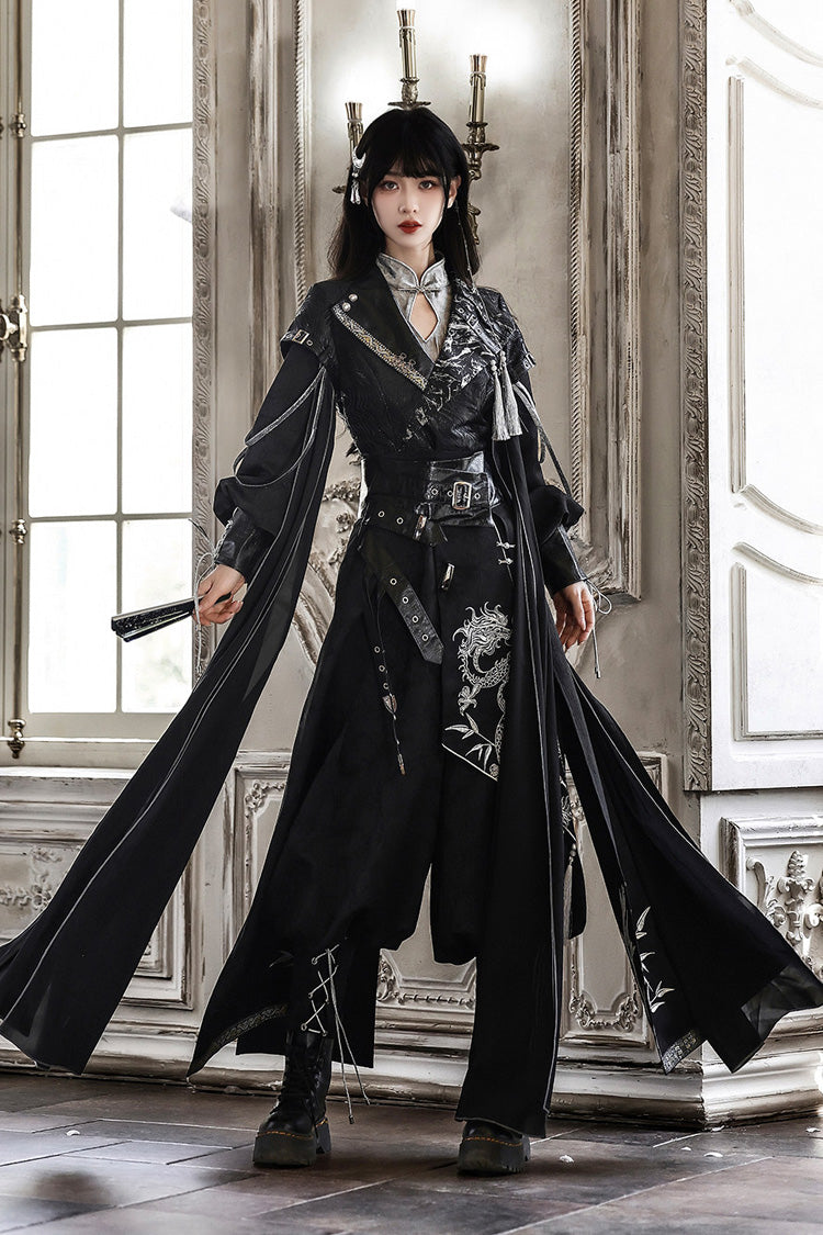 Schwarzes [Shadow Dragon Diving Into the Abyss] Langarm-Jacquard-besticktes Gothic-Chinesisch-inspiriertes Hanfu-Ouji-Lolita-Set