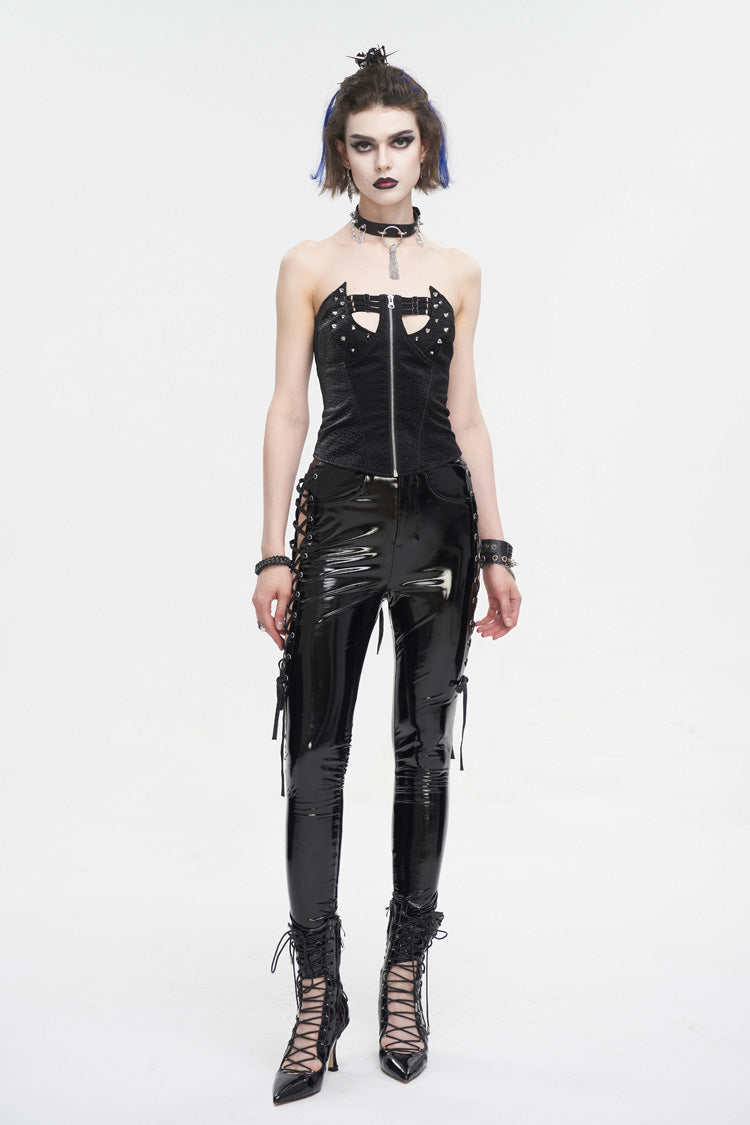 Black Patent Leather Side Cutout Lace Up Women's Punk Pants