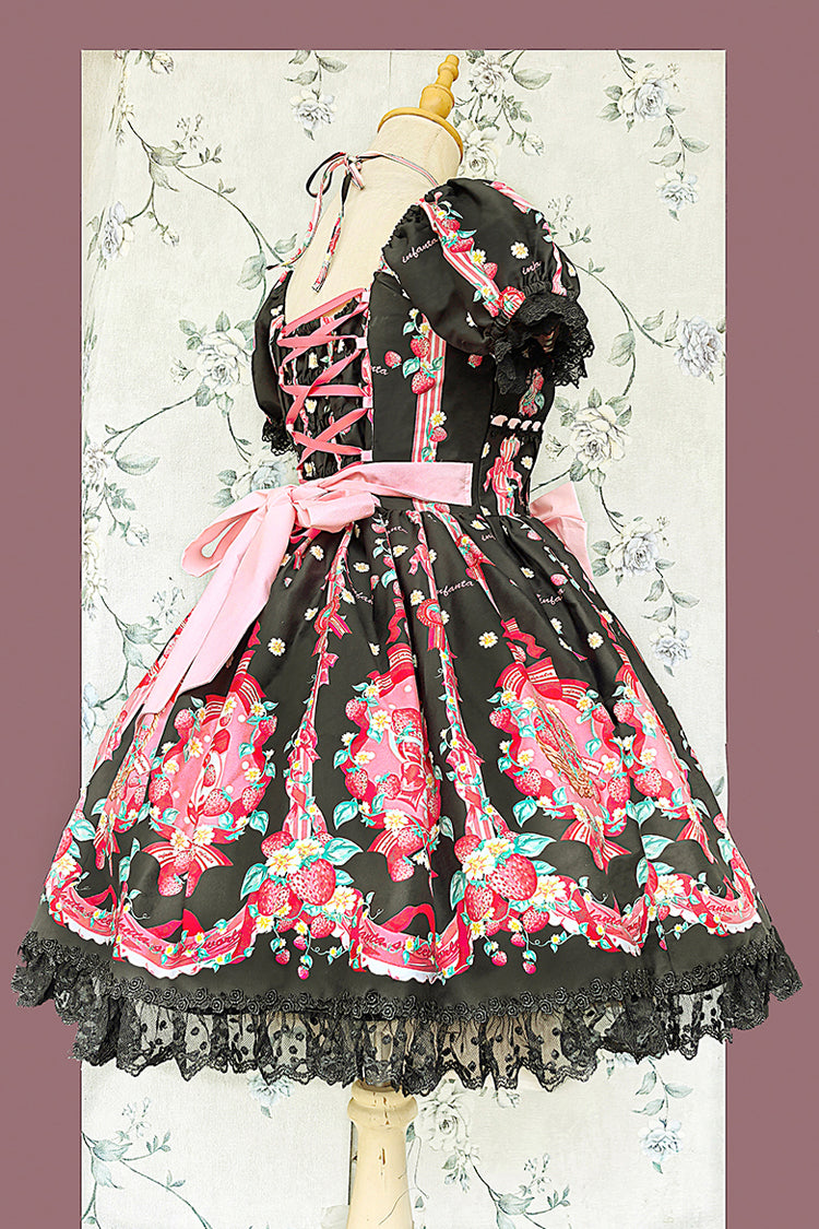 [Strawberry Chef] Short Sleeves Print Bowknot Lace Sweet Lolita Dress 4 Colors