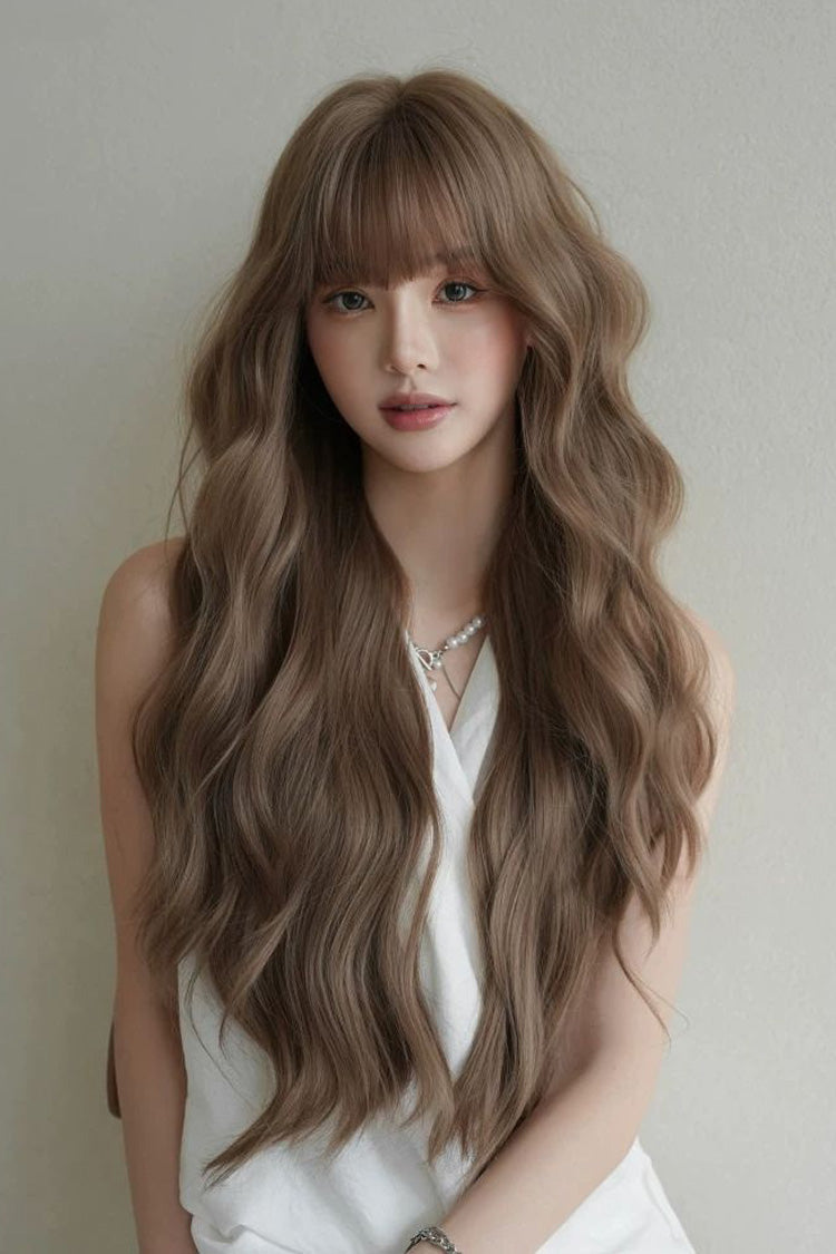 Soft Korean Natural Fluffy Air Bangs Romantic Long Wavy Daily Sweet Lolita Wig 2 Colors