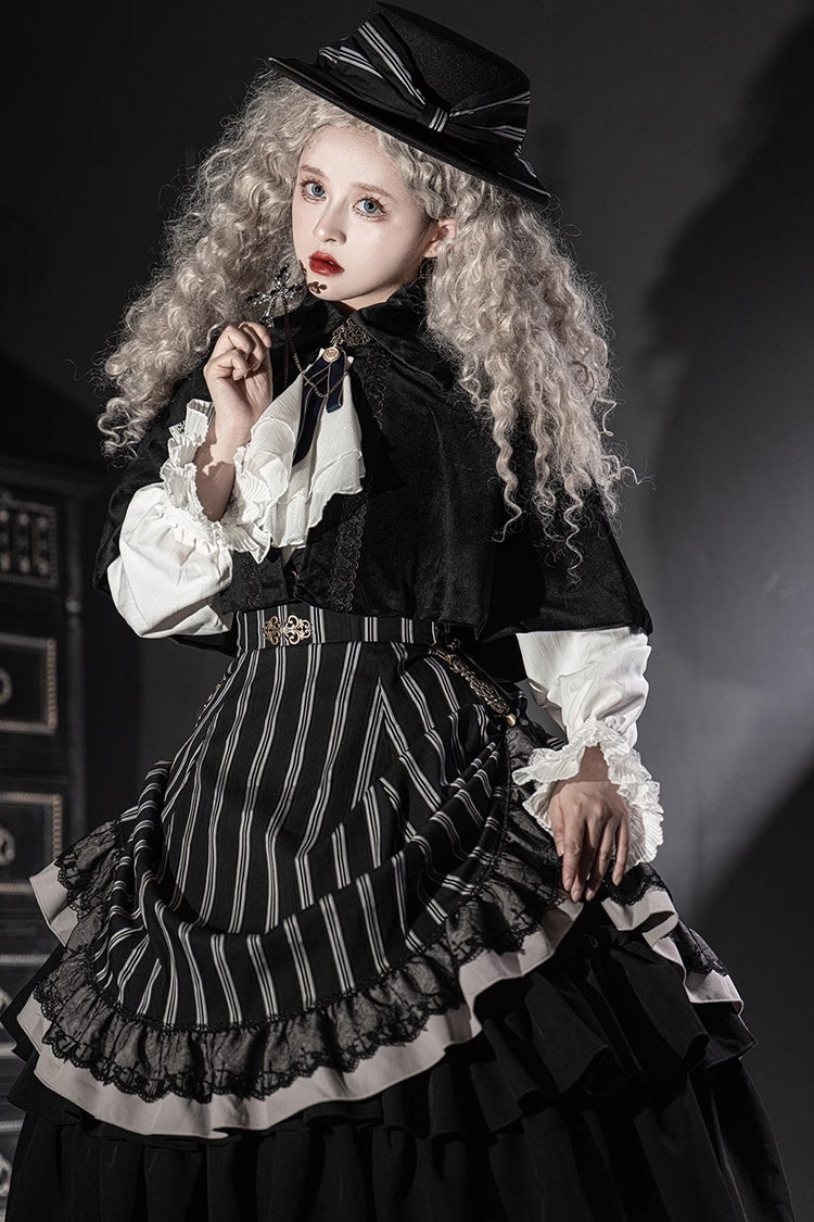 Black Point Manor Multi-layer Striped Print Ruffle Gothic Lolita Skirt