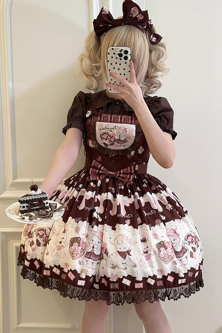 Chocolate Rosette Cat Print Bowknot Stitching Lace Sweet Lolita Jsk Dress 4 Colors
