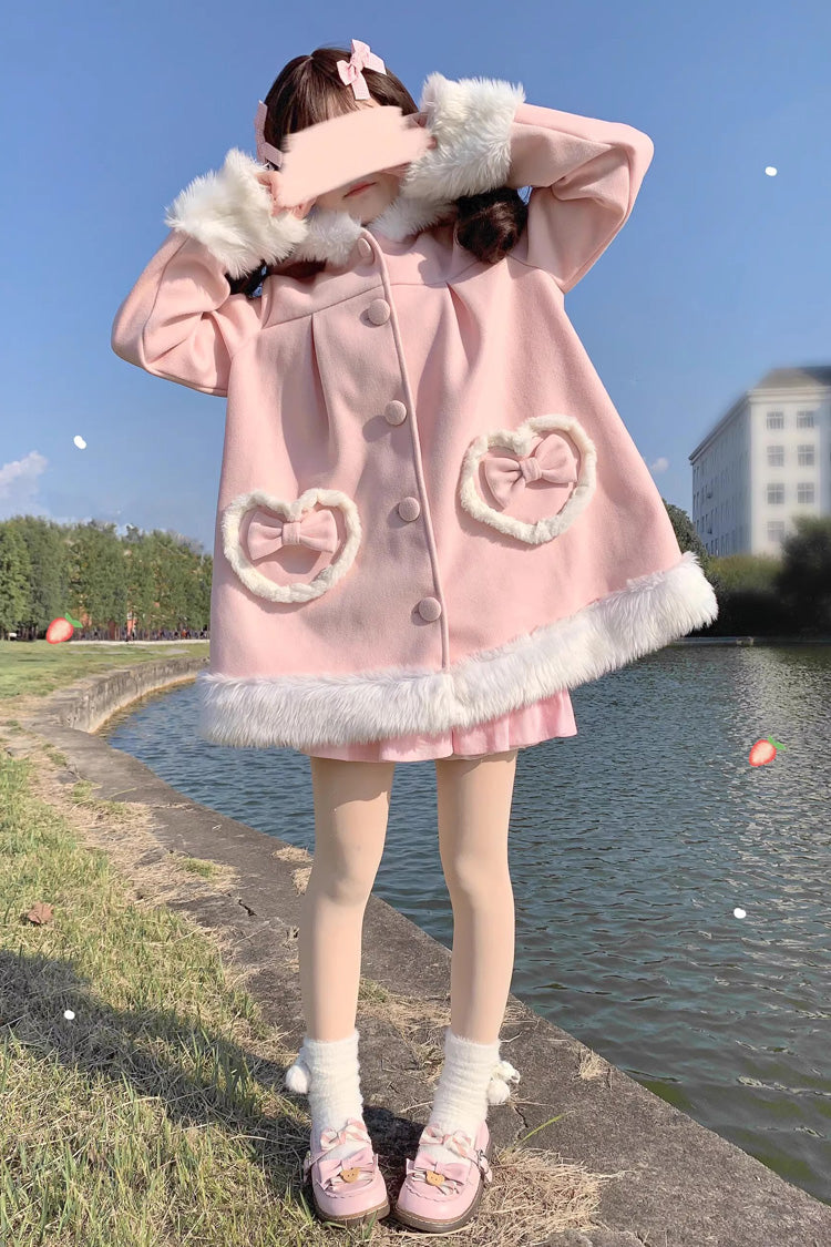 Pink Woolen Rabbit Ears Single-breasted Bowknot Sweet Princess Lolita Coat