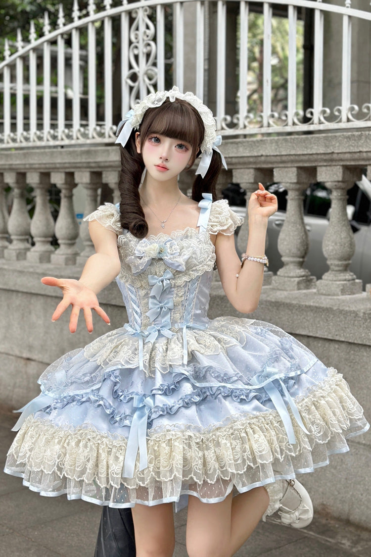 Blue [Dreaming Butterfly] Multi-Layered Jacquard Ruffle Bowknot Lace Sweet Princess Lolita Jsk Dress