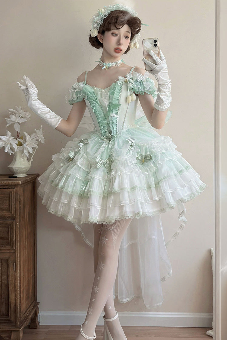 Green [Tulip and Wind Chime] Multi-Layered Ruffle Bowknot Lace Sweet Gorgeous Lolita Jsk Dress