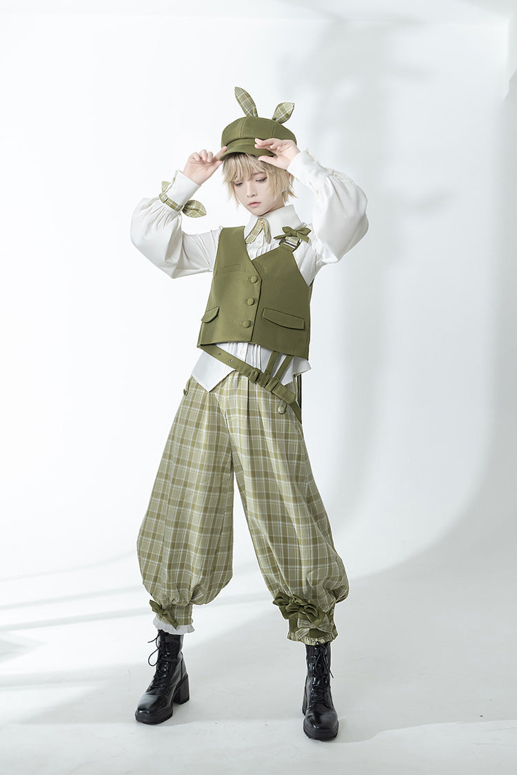 Matcha Green Plaid Pants Secret Morning Post Series Cute and Handsome Ouji Lolita Vest
